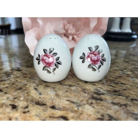Vintage Egg Shape Rose Salt and Pepper Shakers Set Floral Pattern Silver - Picture 7 of 14